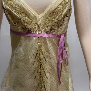 Rare Carole Little Gold Top embroidered with Pink  and Gold Accents